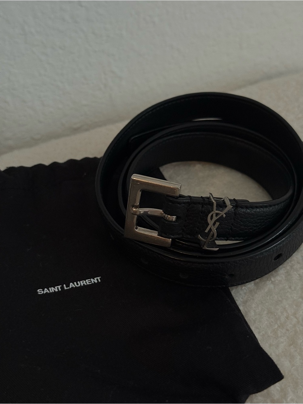 Saint Laurent Cassandre Thin Belt with Square Buckle in Grained Leather
